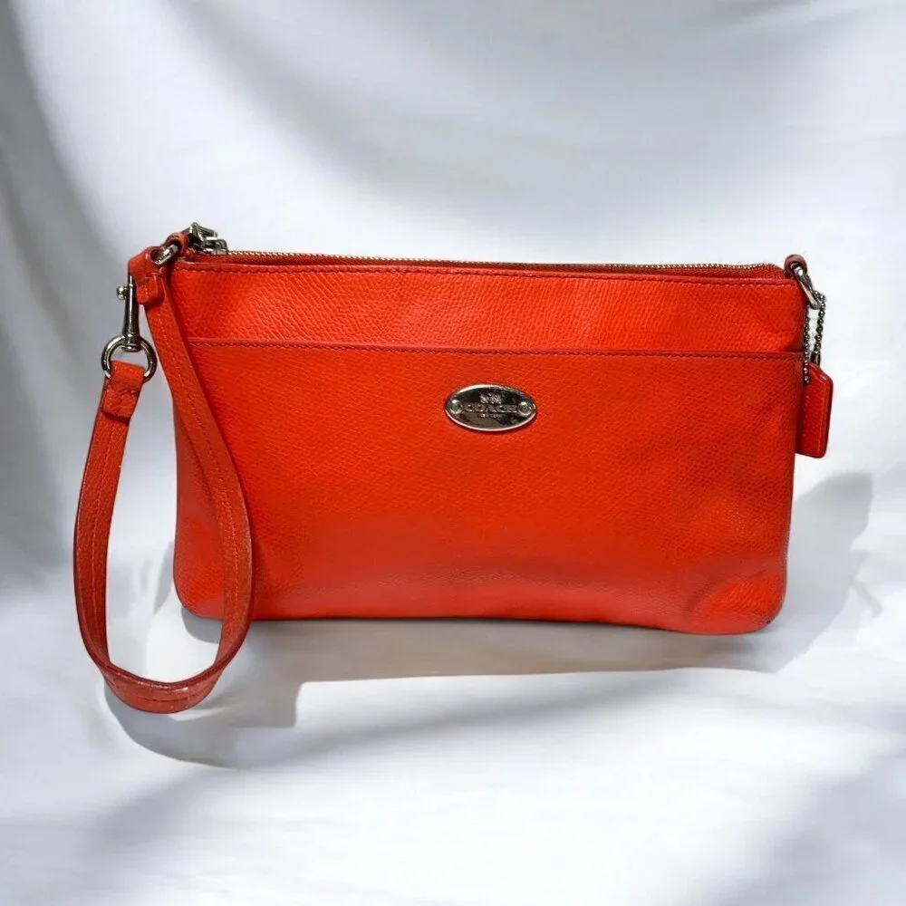 Coach Leather Pop Pouch Red Orange Pebbled Leather Convertible Strap F52598